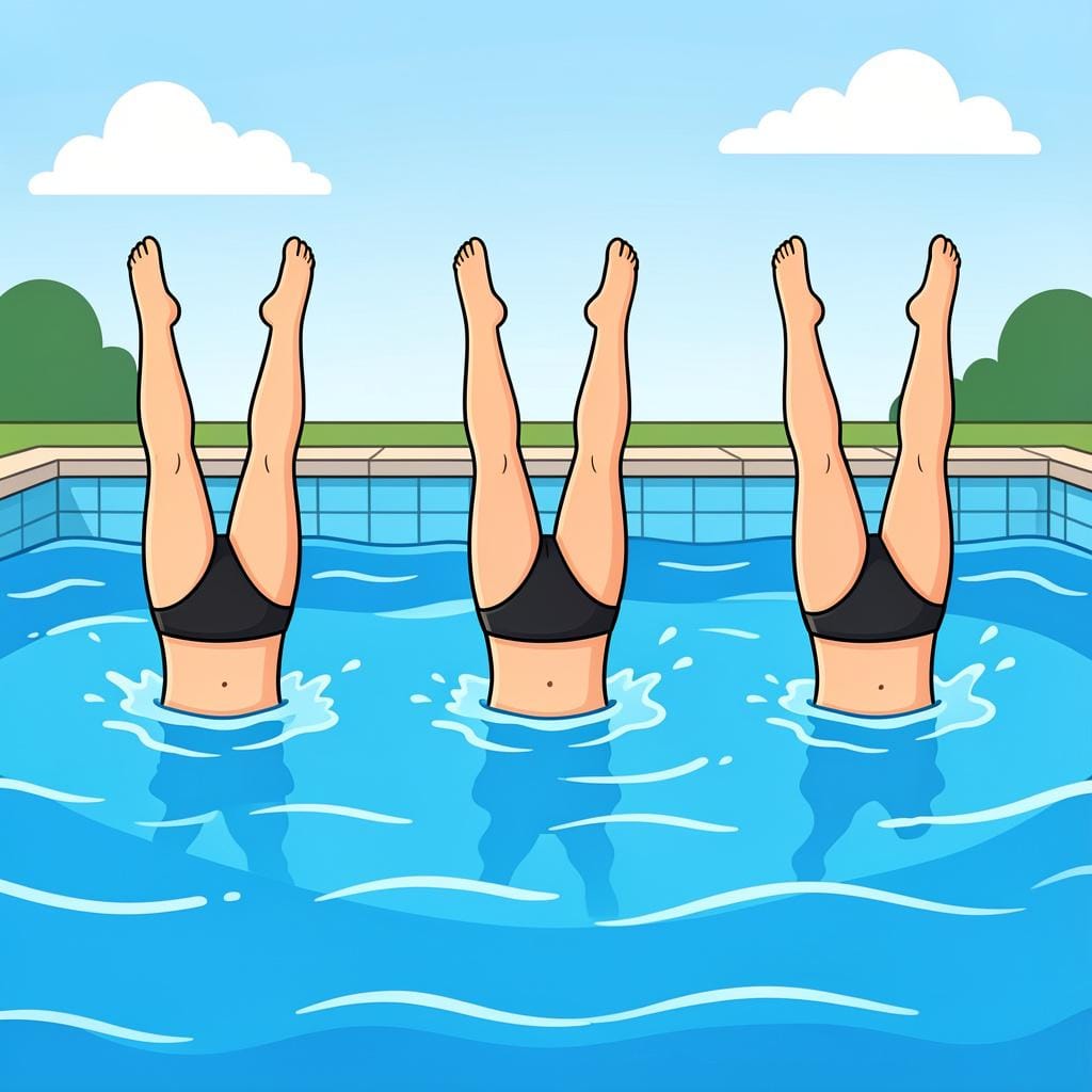 A group of swimmers performing the exact same movement in a pool.