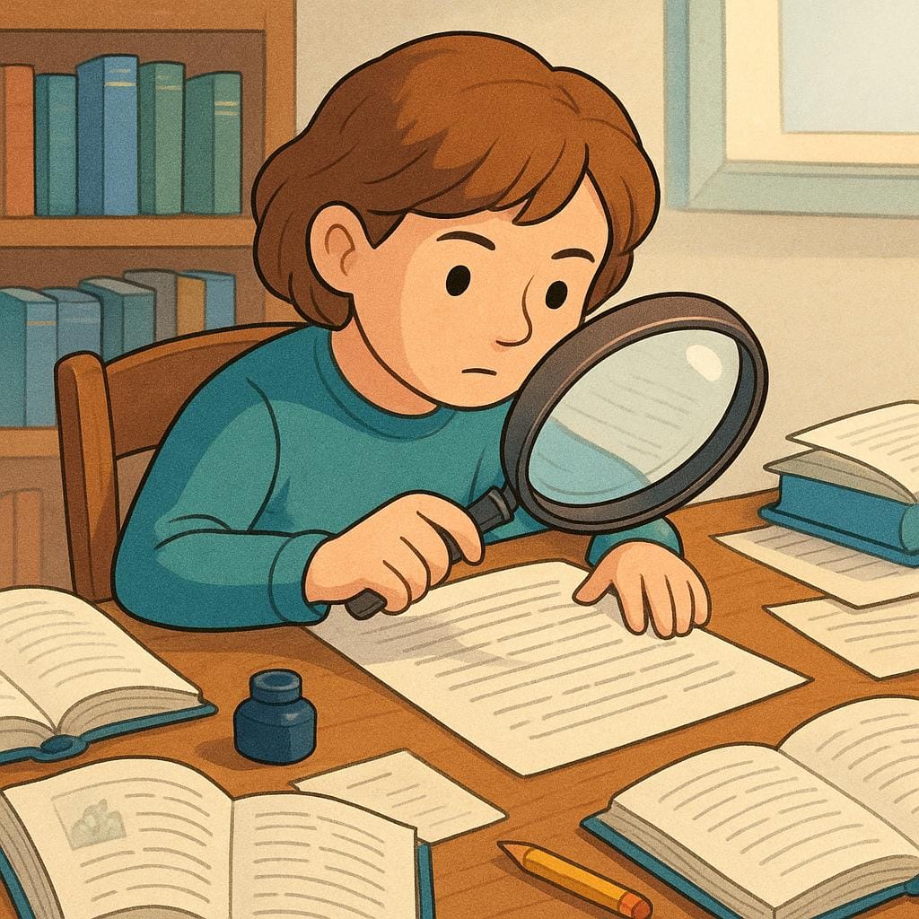 A person sitting at a large wooden desk covered in open books and loose papers. The person is holding a large magnifying glass and intently examining a single document, illustrating the ongoing action of seeking information.