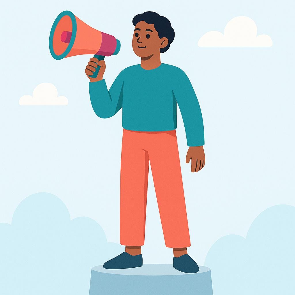 A person standing on a small pedestal holding a megaphone, symbolizing the power to give orders or authority.