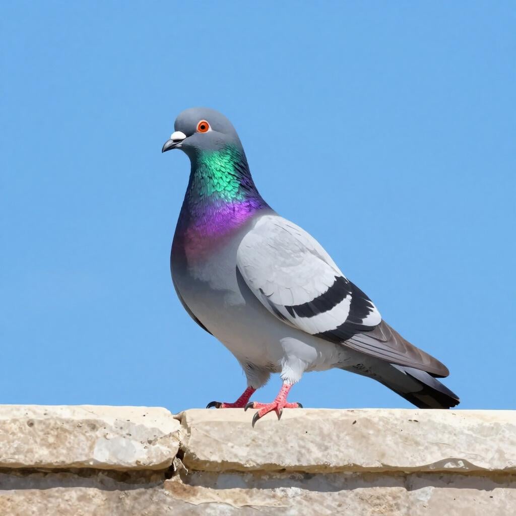 Un pigeon mâle unique avec des plumes irisées sur le cou, debout sur une corniche en pierre.