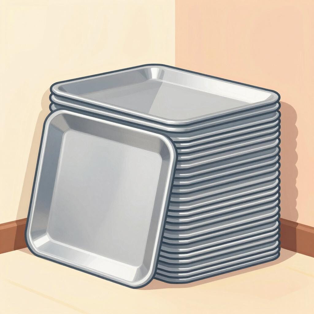 Una pila di sottili lamiere metalliche argentate e lucide appoggiate a un muro di fabbrica.