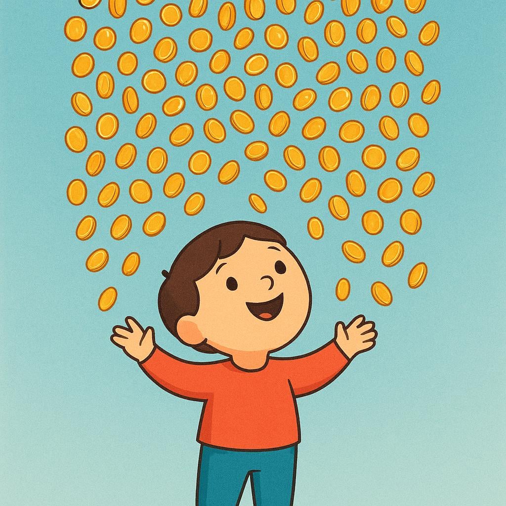 A simplified person standing with arms outstretched, being showered by a dense cascade of small, identical golden coins falling from above, symbolizing abundance.