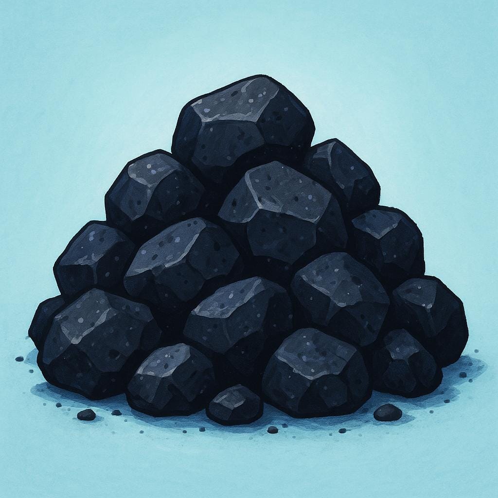 A large, rough pile of black bituminous coal used as fuel, ready for burning.