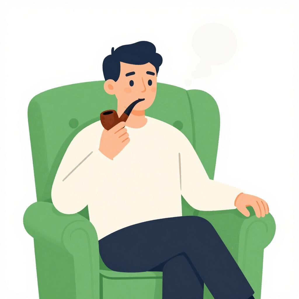 A man in a cozy chair holding a wooden pipe with a small puff of smoke.