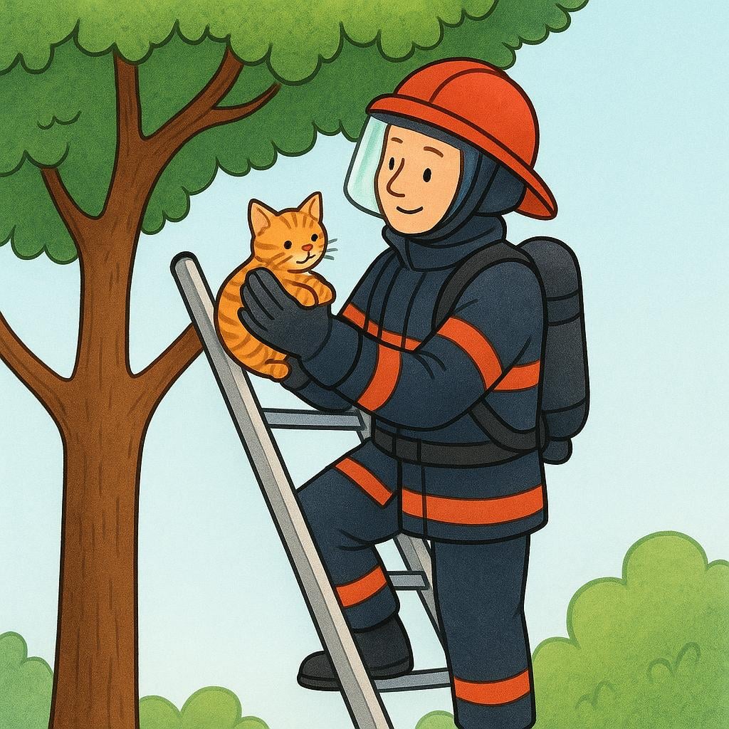 A brave firefighter in protective gear carefully rescuing a small kitten from a tall tree branch.