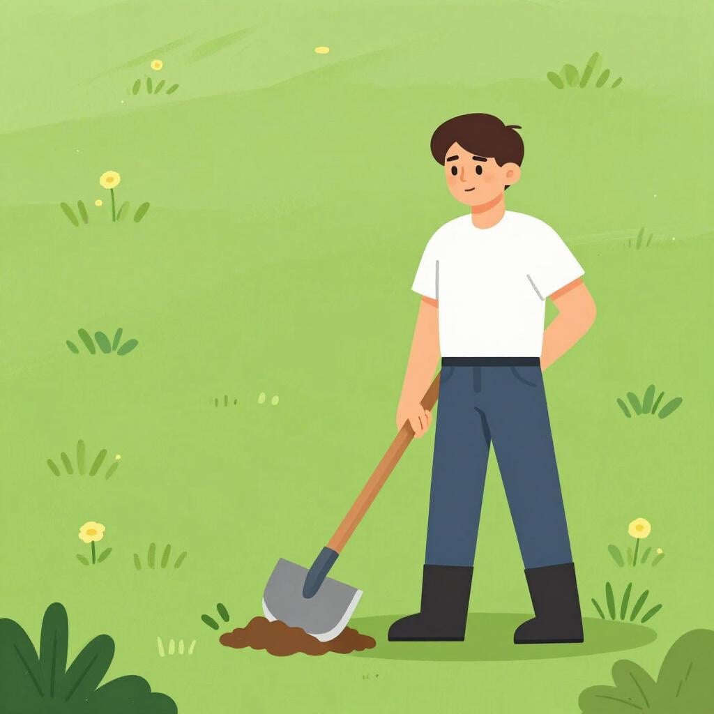 Een persoon die aan de rand van een veld staat, vastberaden vooruit kijkend terwijl hij een tuingereedschap vasthoudt.