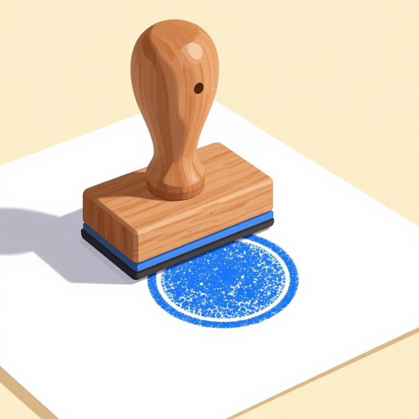 Un timbro manuale in legno che preme un segno d'inchiostro blu su un documento di carta bianca.