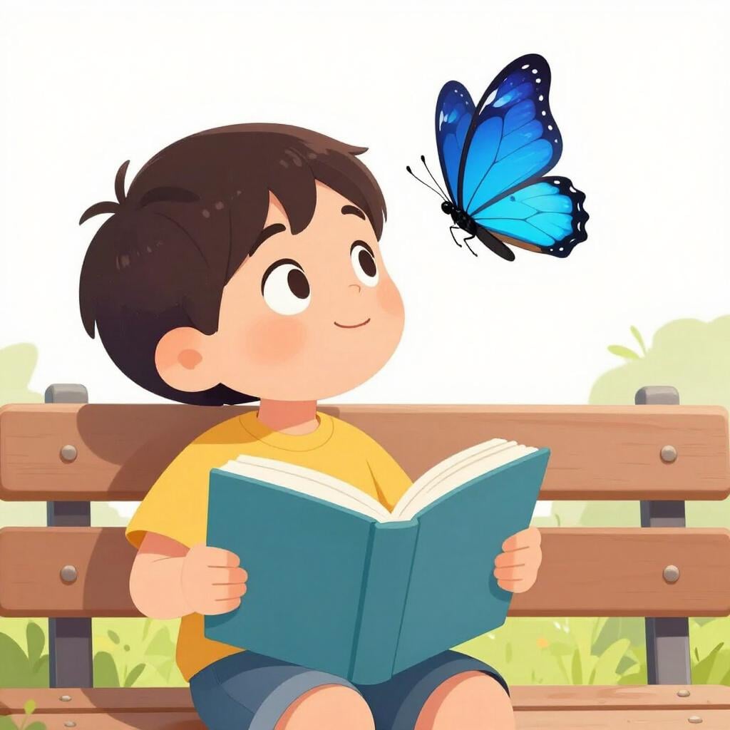A child trying to read a book while a colorful butterfly flutters right in front of their face.