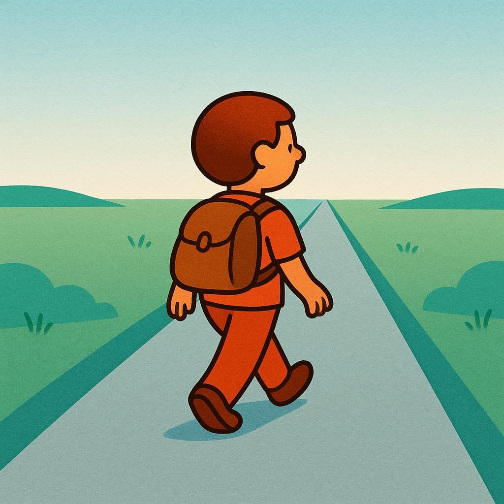 A small, simplified storybook character walking steadily forward on a straight path that extends toward the horizon, symbolizing continuation.