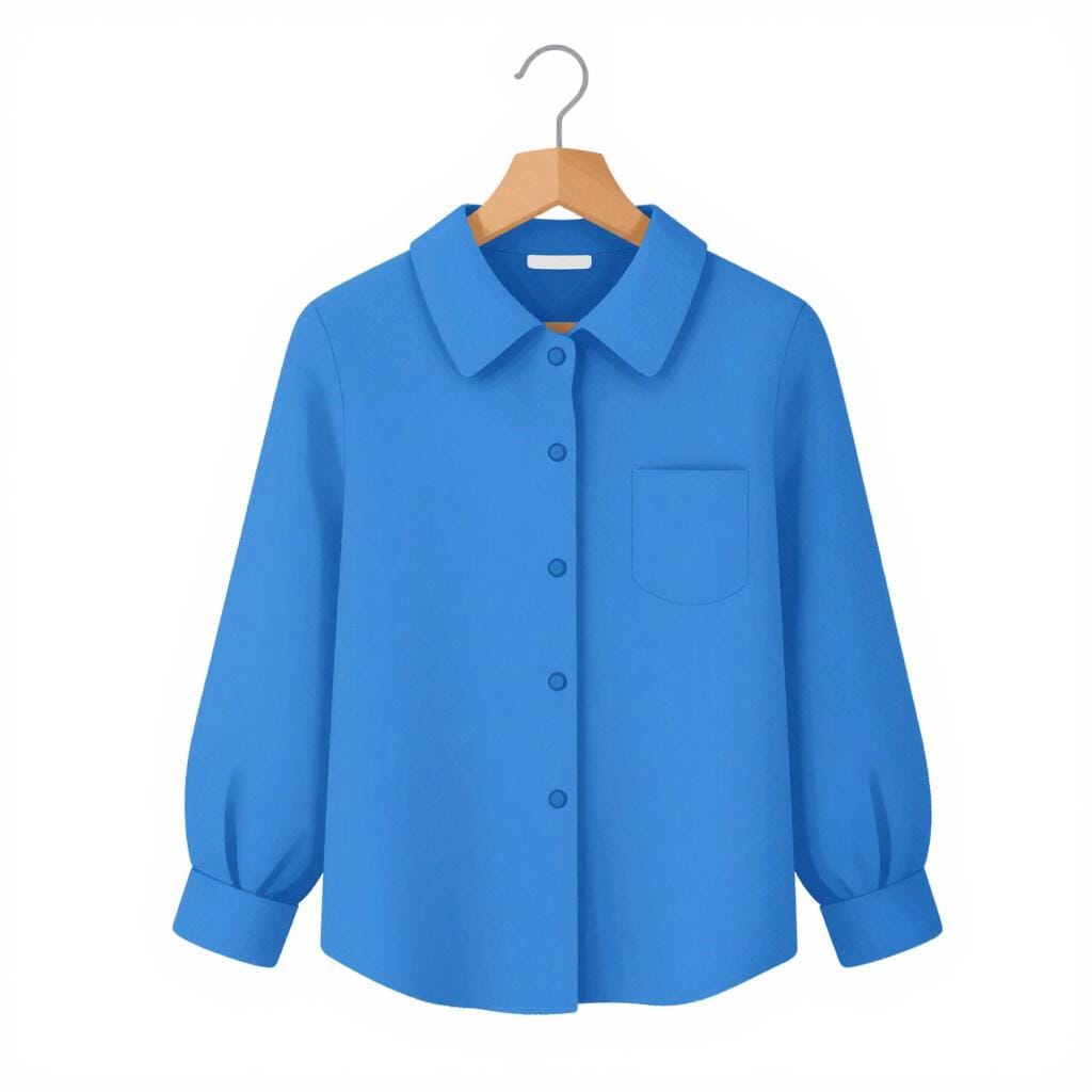 A colorful women's blouse with buttons and a collar hanging on a wooden hanger.