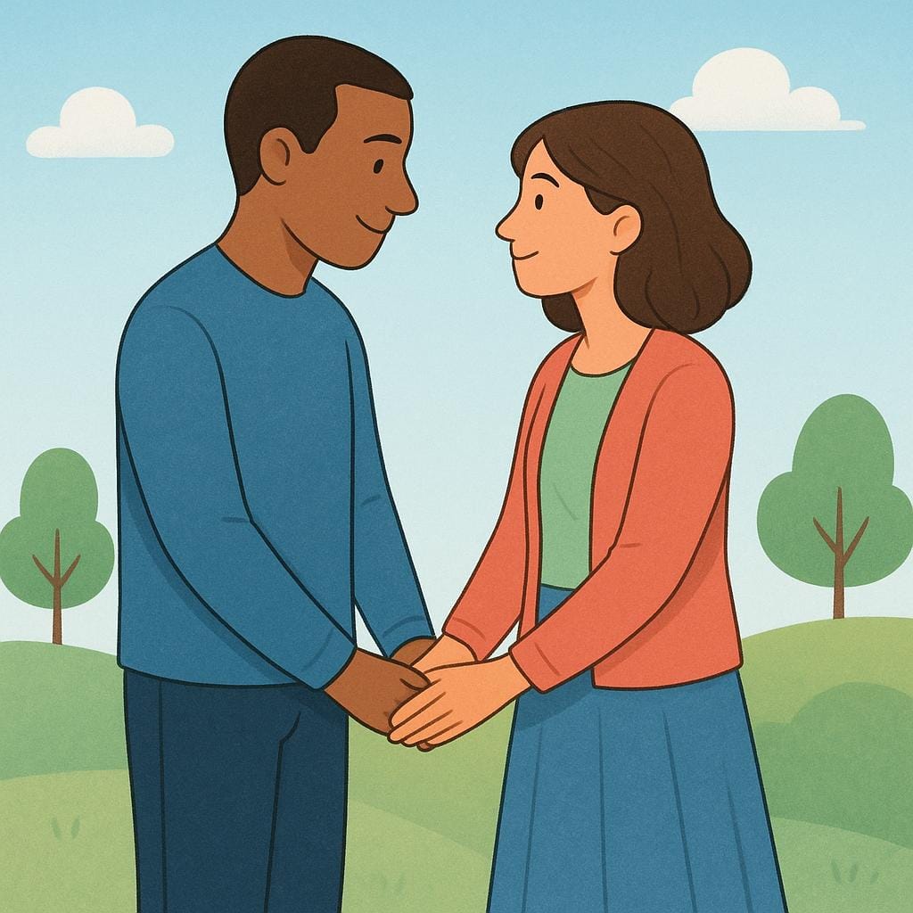 A man and a woman standing close, holding hands and gazing into each other's eyes, symbolizing a beloved romantic partner.