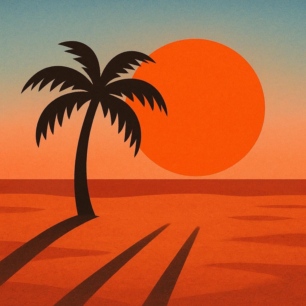 A simple storybook scene depicting the cardinal direction 'south.' A bright, hot sun is low in the sky, casting long shadows across a warm, arid landscape with a single palm tree.