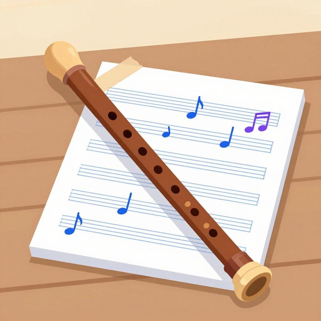 A simple wooden flute or recorder lying on a sheet of colorful music notes.