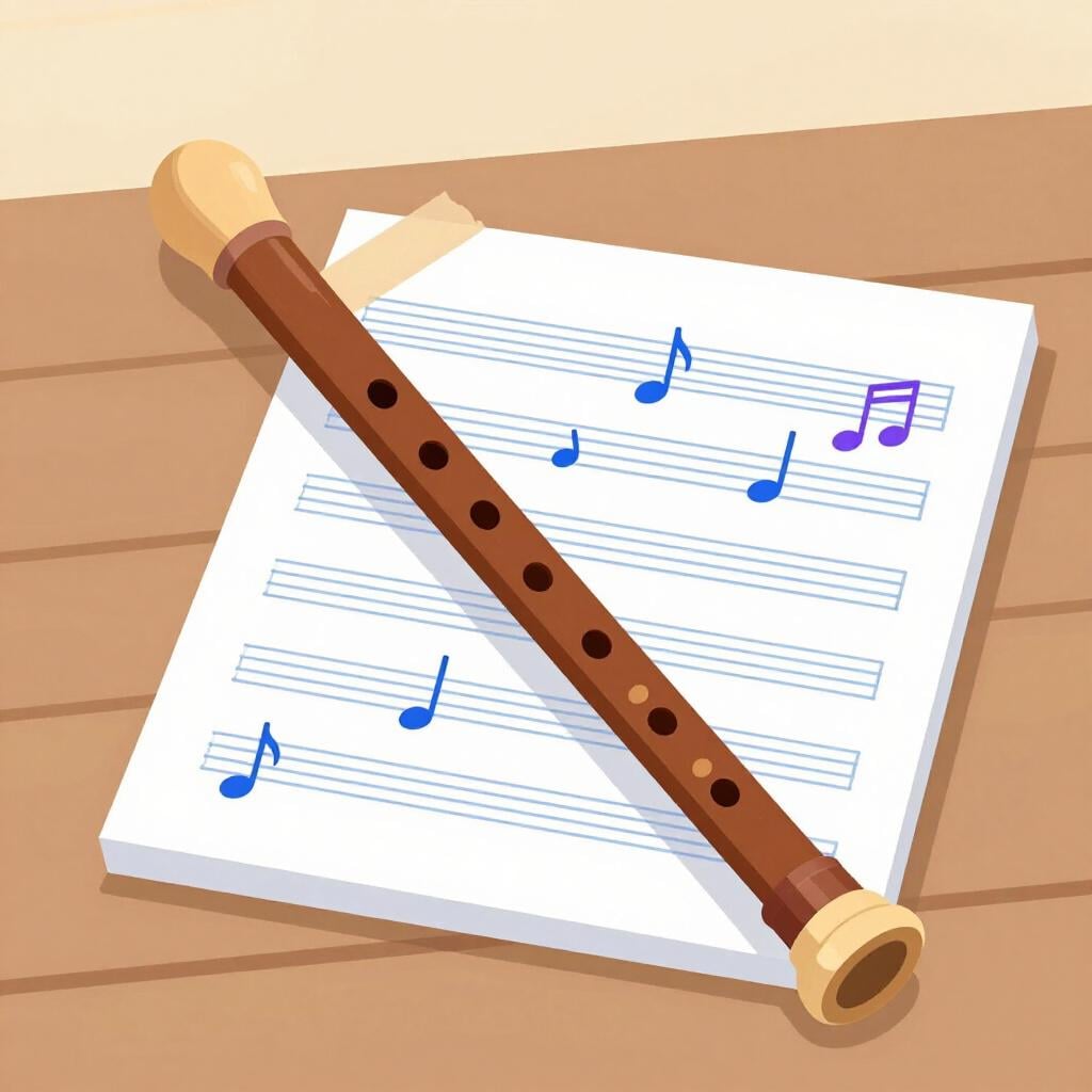 A simple wooden flute or recorder lying on a sheet of colorful music notes.
