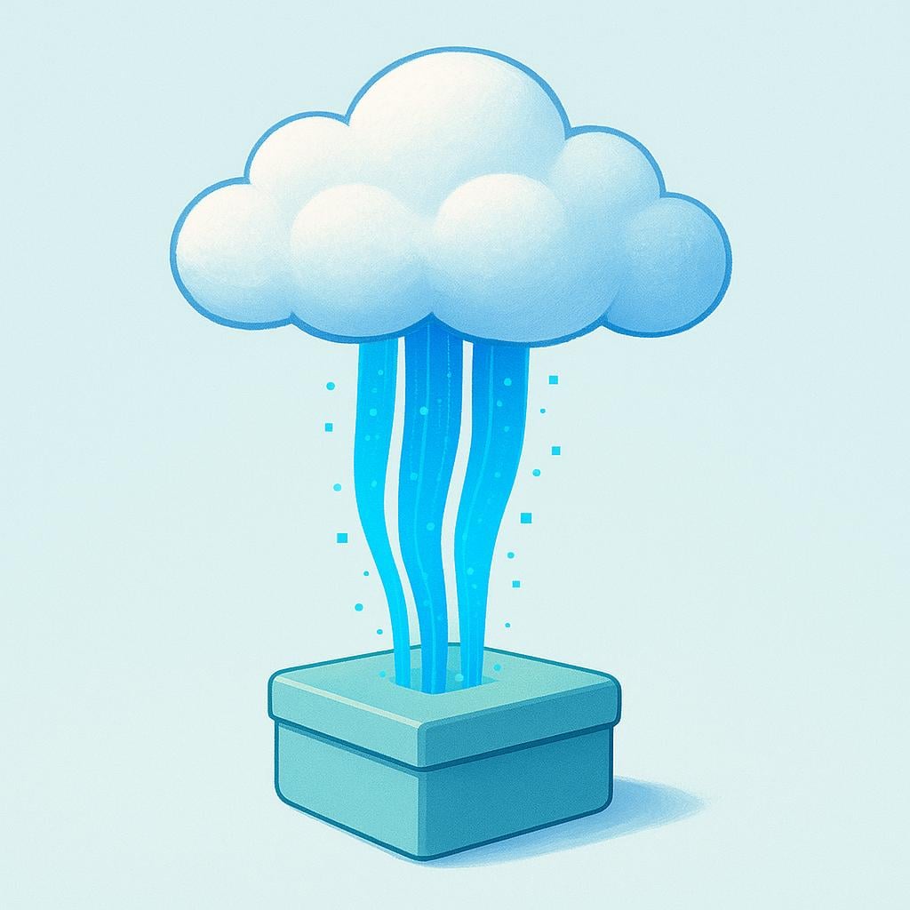 Stylized blue data streams flowing from a fluffy white cloud, representing the internet, into a small, closed rectangular storage box.