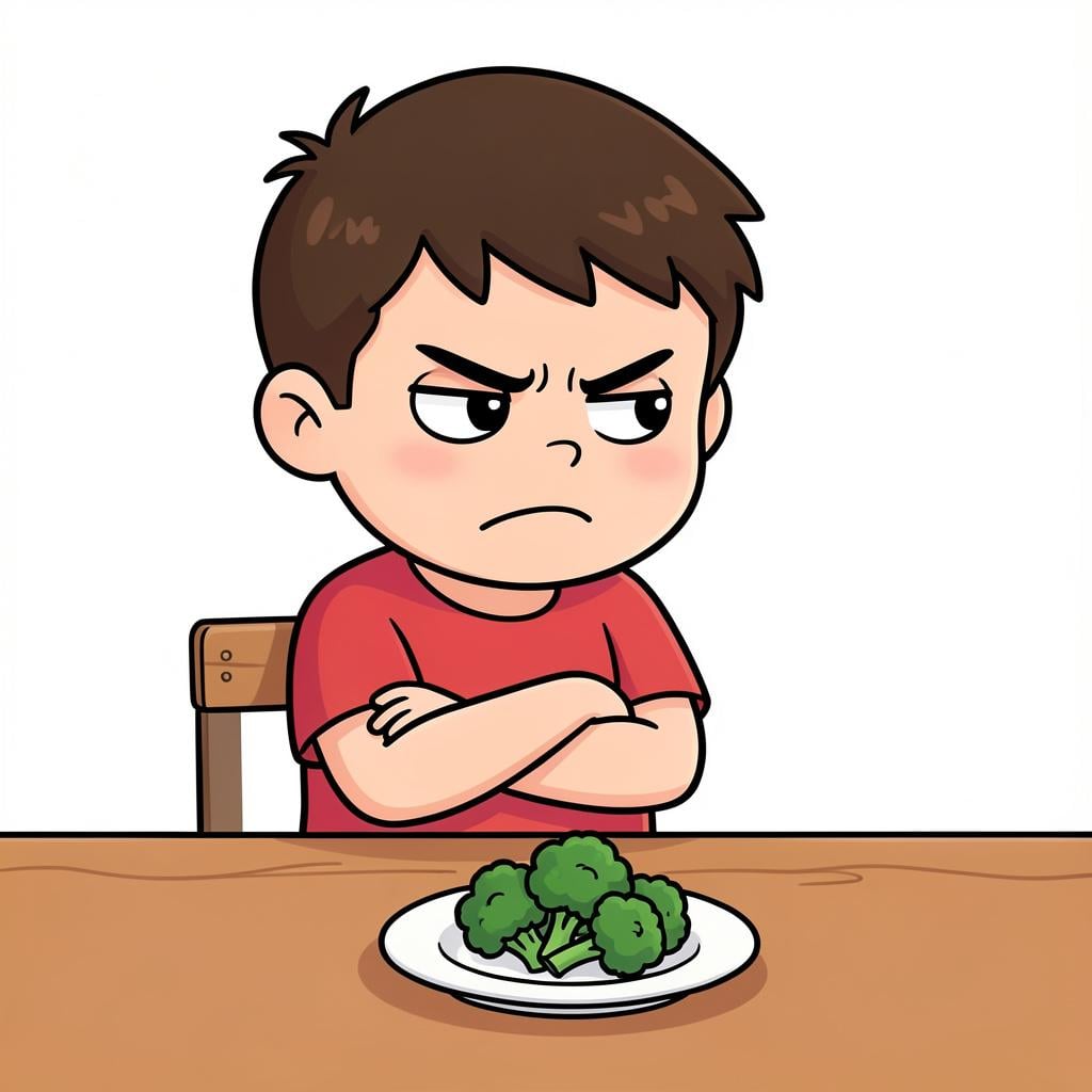 A grumpy child crossing their arms and looking away from a plate of broccoli with a scowl.