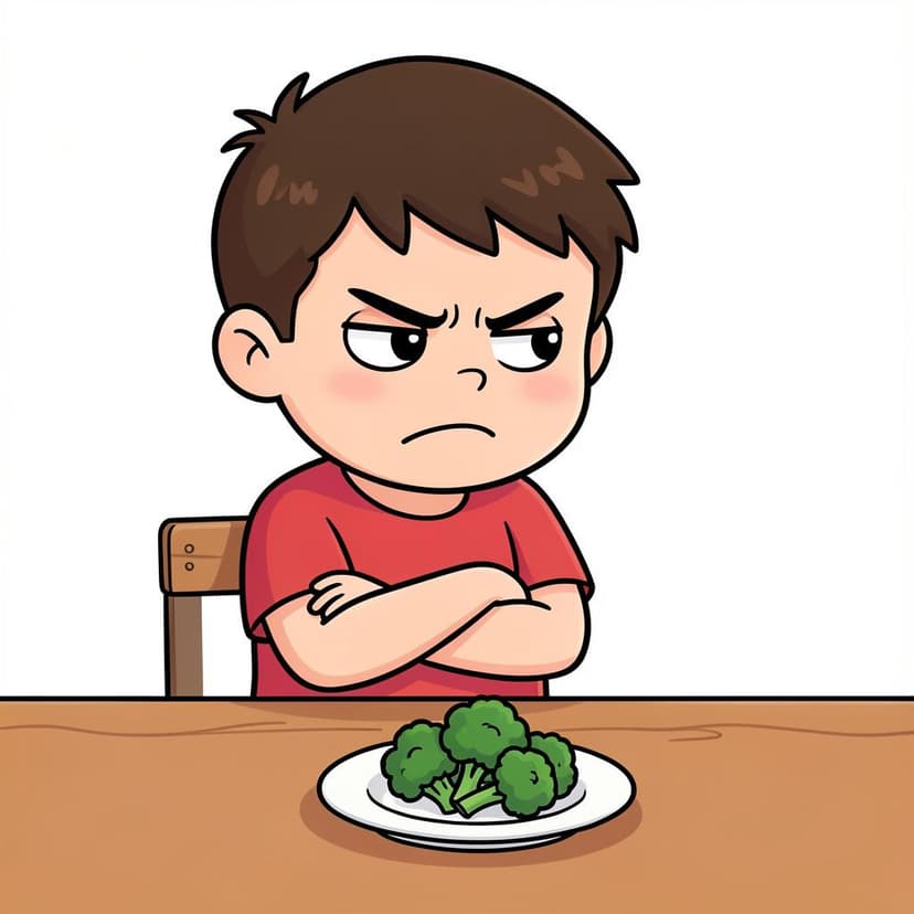 A grumpy child crossing their arms and looking away from a plate of broccoli with a scowl.