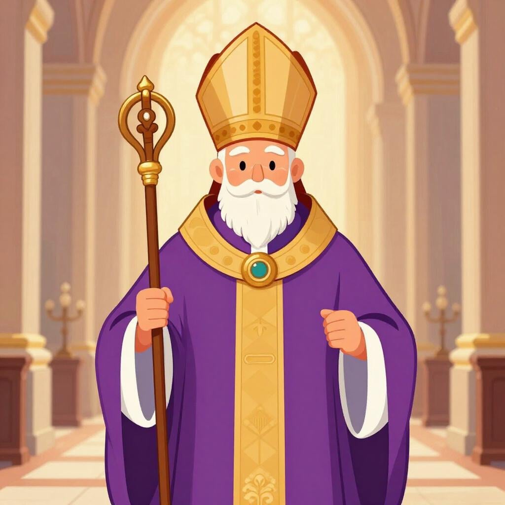 A high-ranking bishop wearing a tall miter and ornate robes, holding a shepherd's staff.