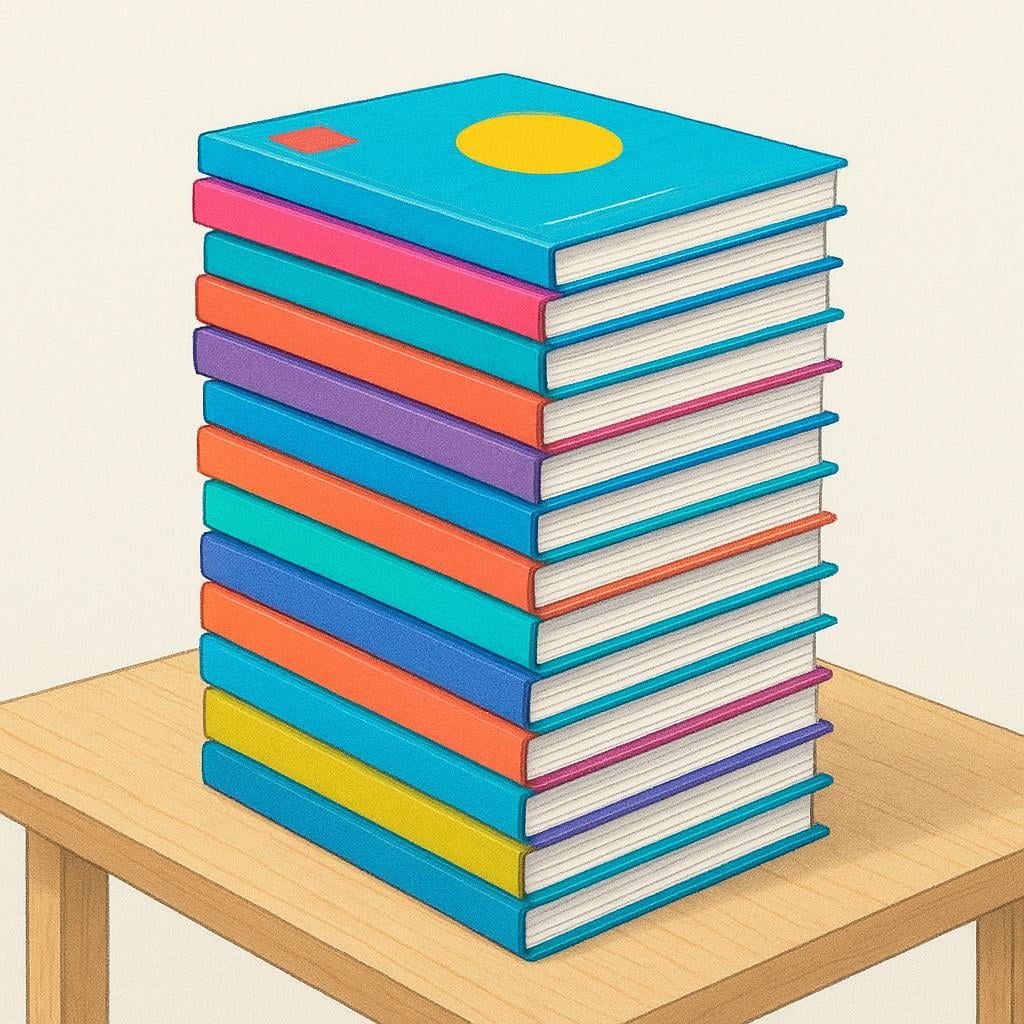 A tall, orderly stack of brightly colored magazines with abstract covers resting on a simple wooden table, representing new publications.