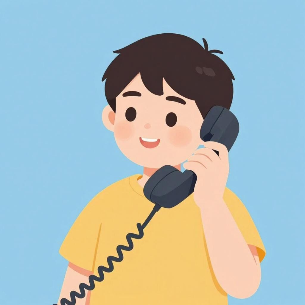 한 통화에 응답하는 것처럼 즐거운 표정으로 구식 전화 수화기를 귀에 대고 있는 사람.