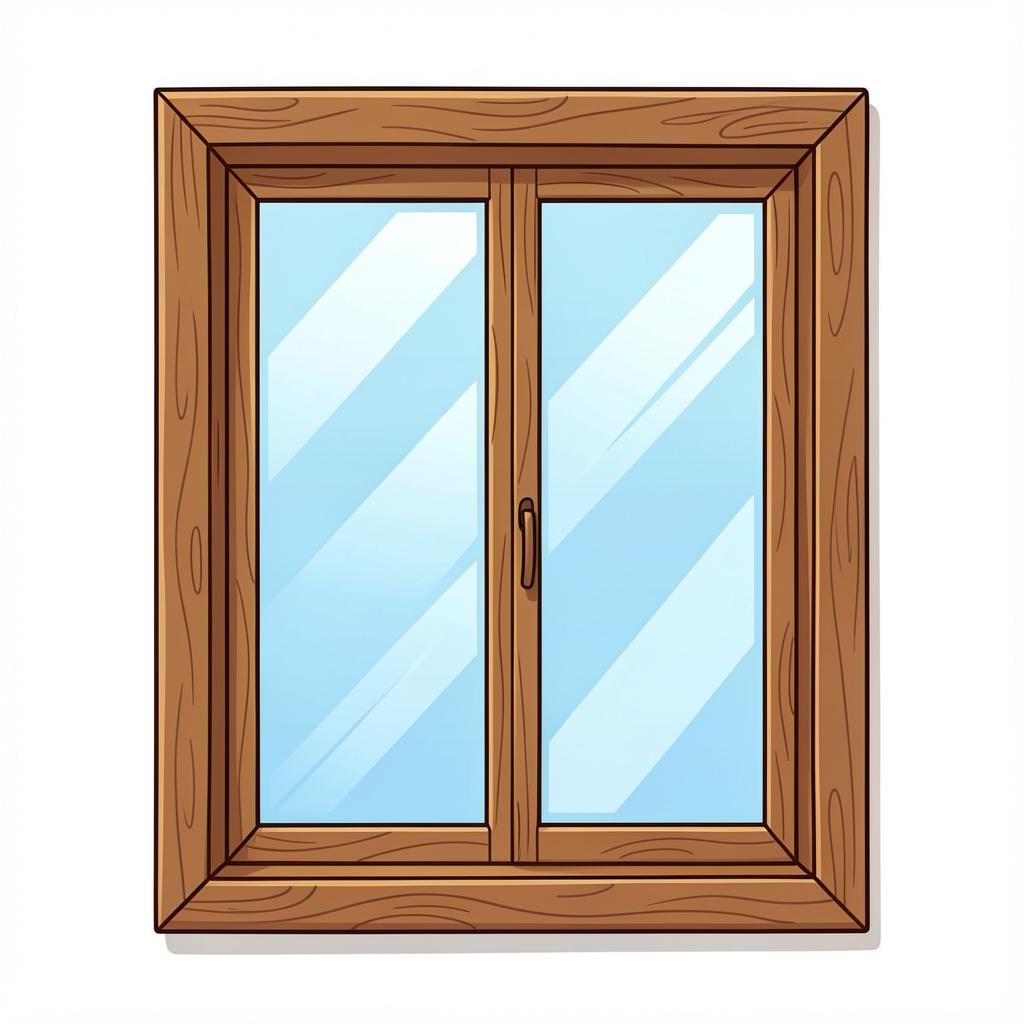 A clean, shiny window pane in a simple wooden frame reflecting a blue sky.