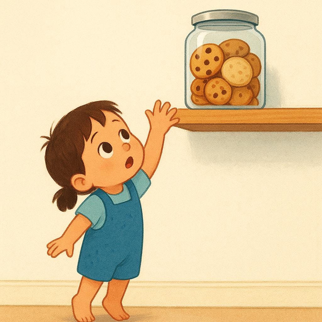 A small child standing on tiptoes, actively reaching up towards a clear glass jar full of cookies placed on a high, out-of-reach shelf.
