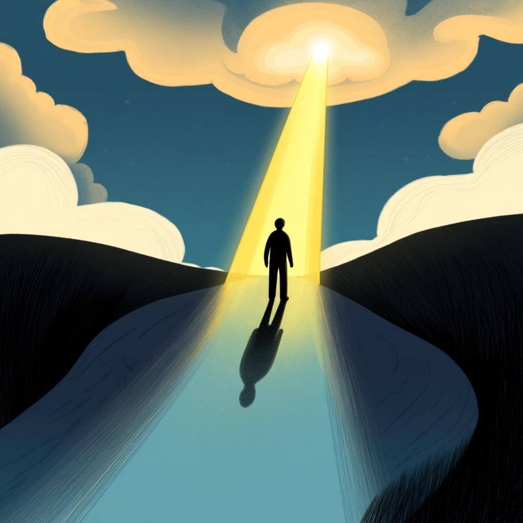 A figure standing on a dark, winding path, looking toward a powerful, singular beam of golden light shining down from the sky, symbolizing a life's calling or vocation.