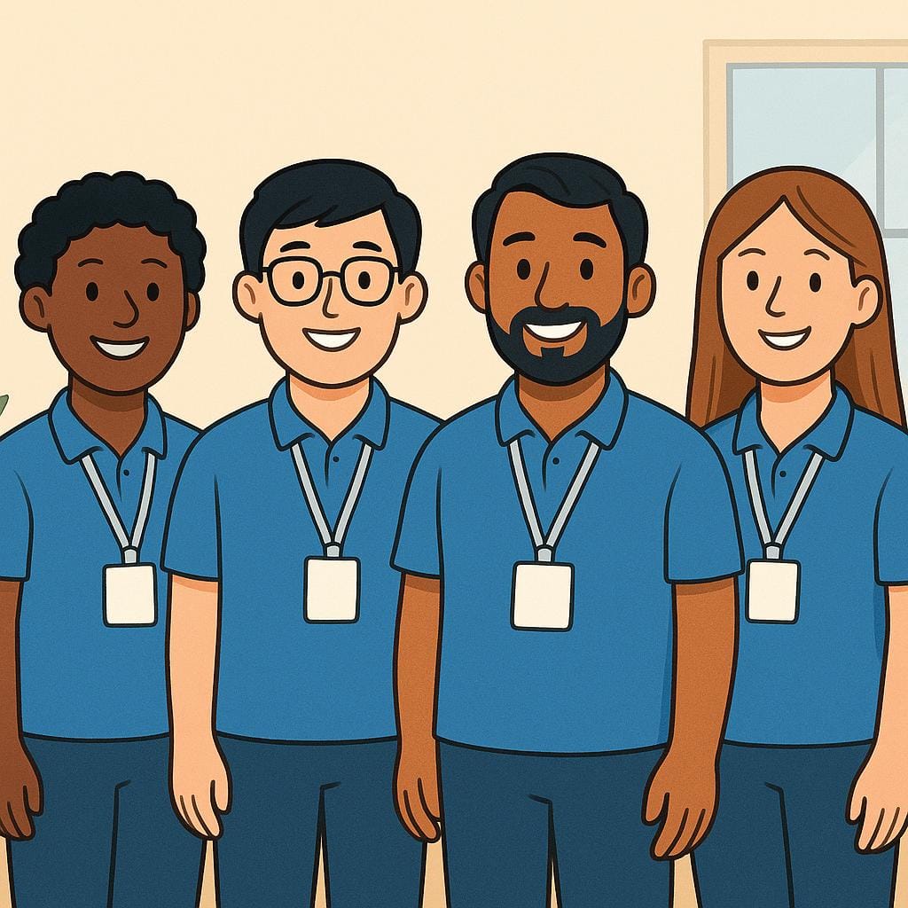 Een diverse groep van vier lachende mensen met bijpassende blauwe shirts en lanyard, die samen staan en een verenigd personeel of staf vertegenwoordigen.