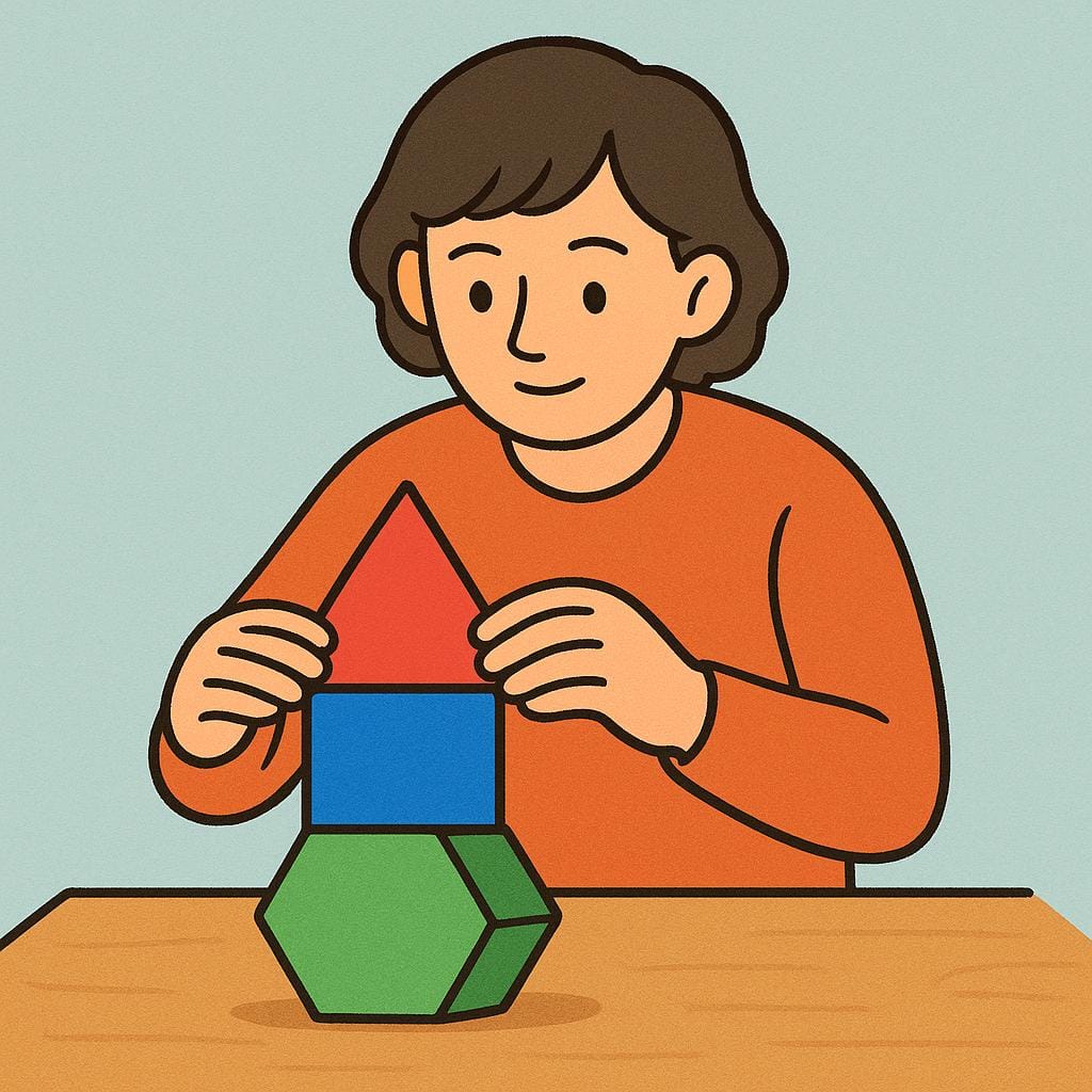 A person sitting at a table carefully fitting three distinct, brightly colored geometric puzzle pieces together to form a stable, balanced shape, symbolizing the creation of a theory or argument.