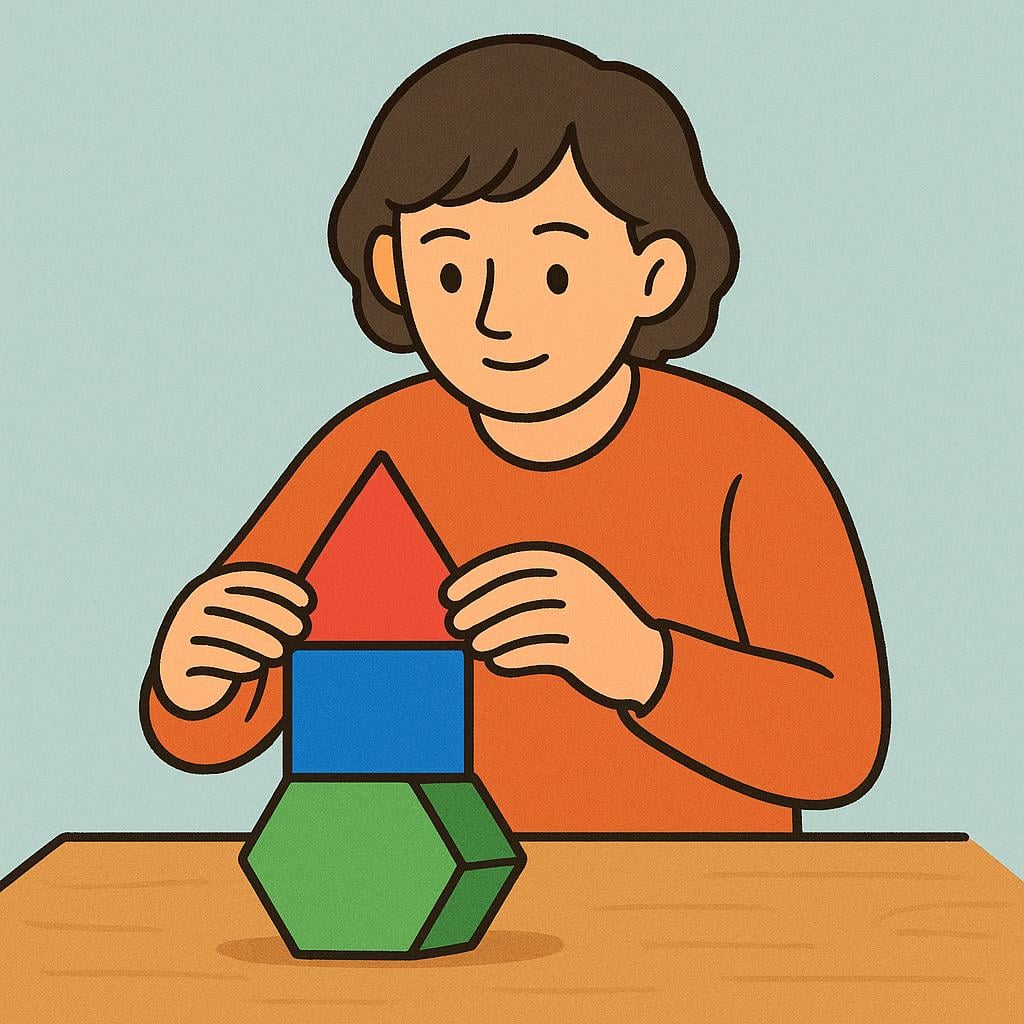 A person sitting at a table carefully fitting three distinct, brightly colored geometric puzzle pieces together to form a stable, balanced shape, symbolizing the creation of a theory or argument.