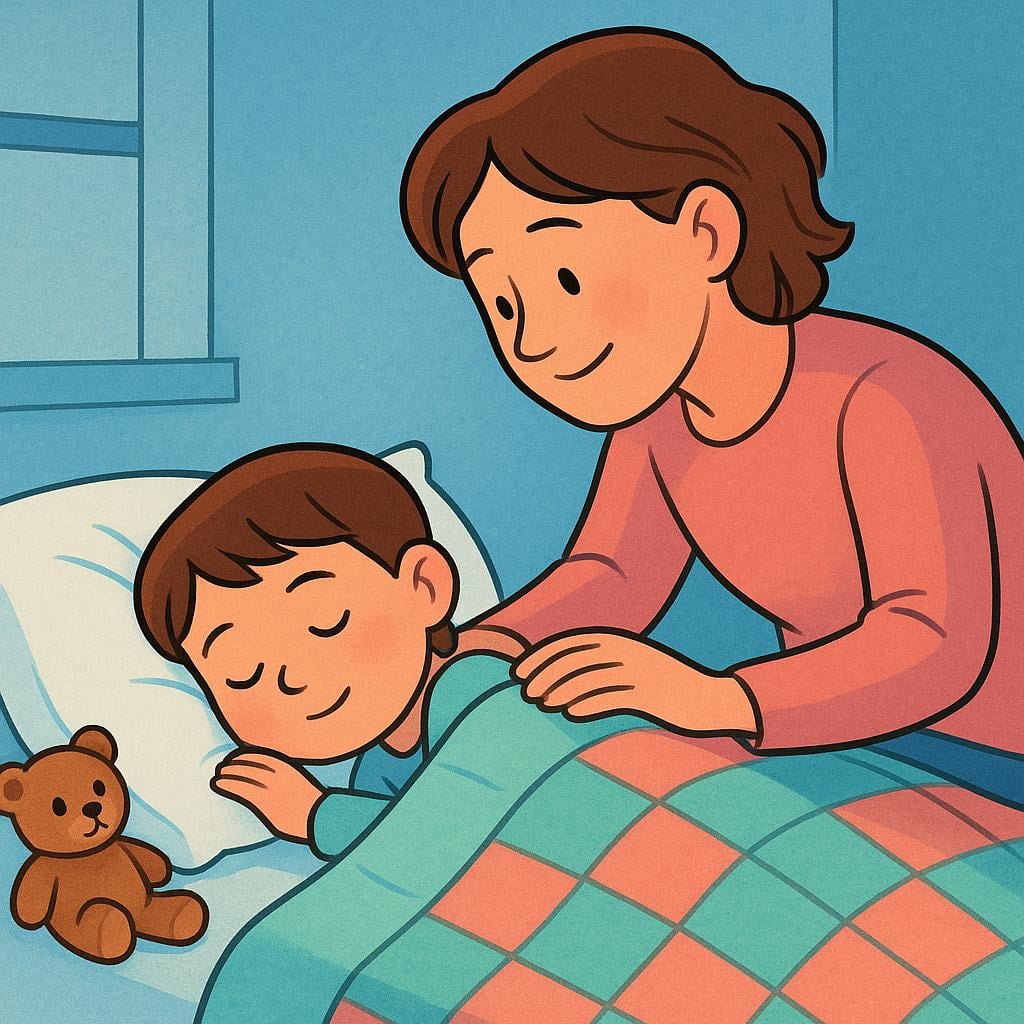 A smiling adult gently taps a sleeping child's shoulder in a sunny bedroom to wake them up.