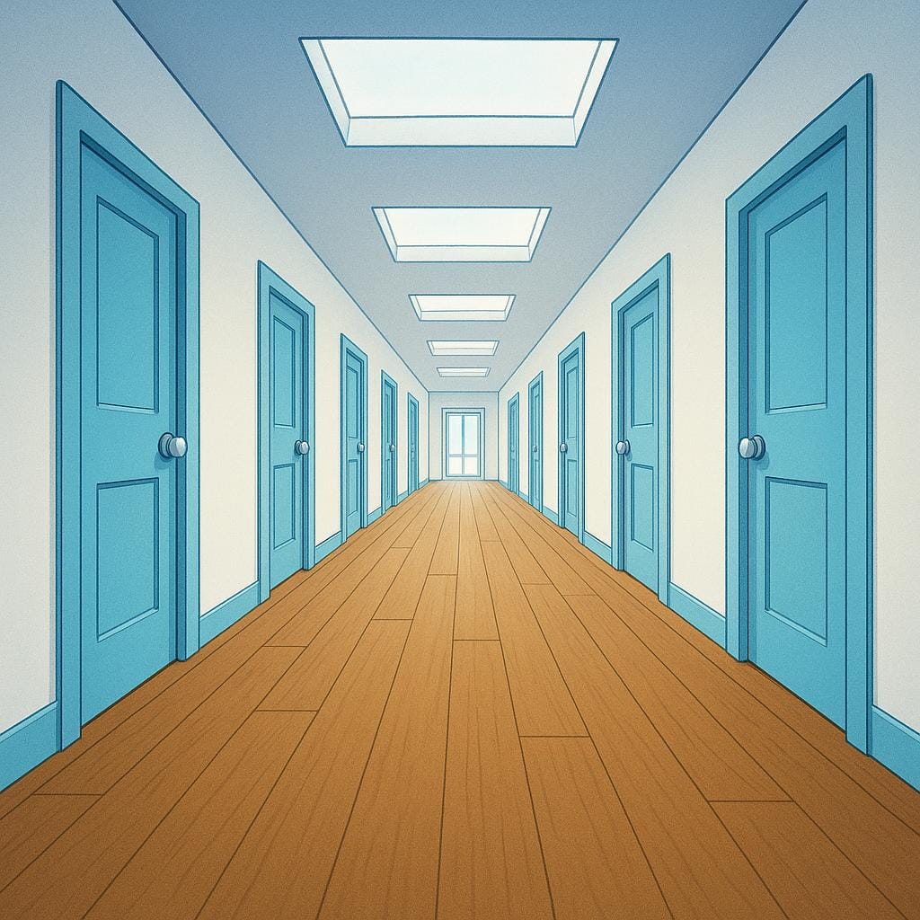 A long, brightly lit interior passage in a building with wooden floorboards and several identical closed doors lining the white walls.
