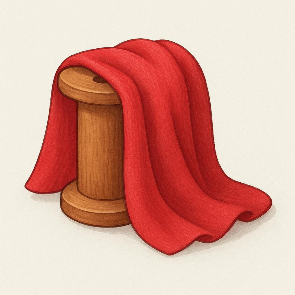 A smooth piece of richly textured red fabric draped over a wooden spool.
