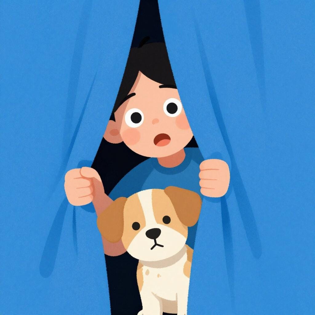 커튼 뒤에 숨겨진 강아지를 발견하고 놀란 사람.