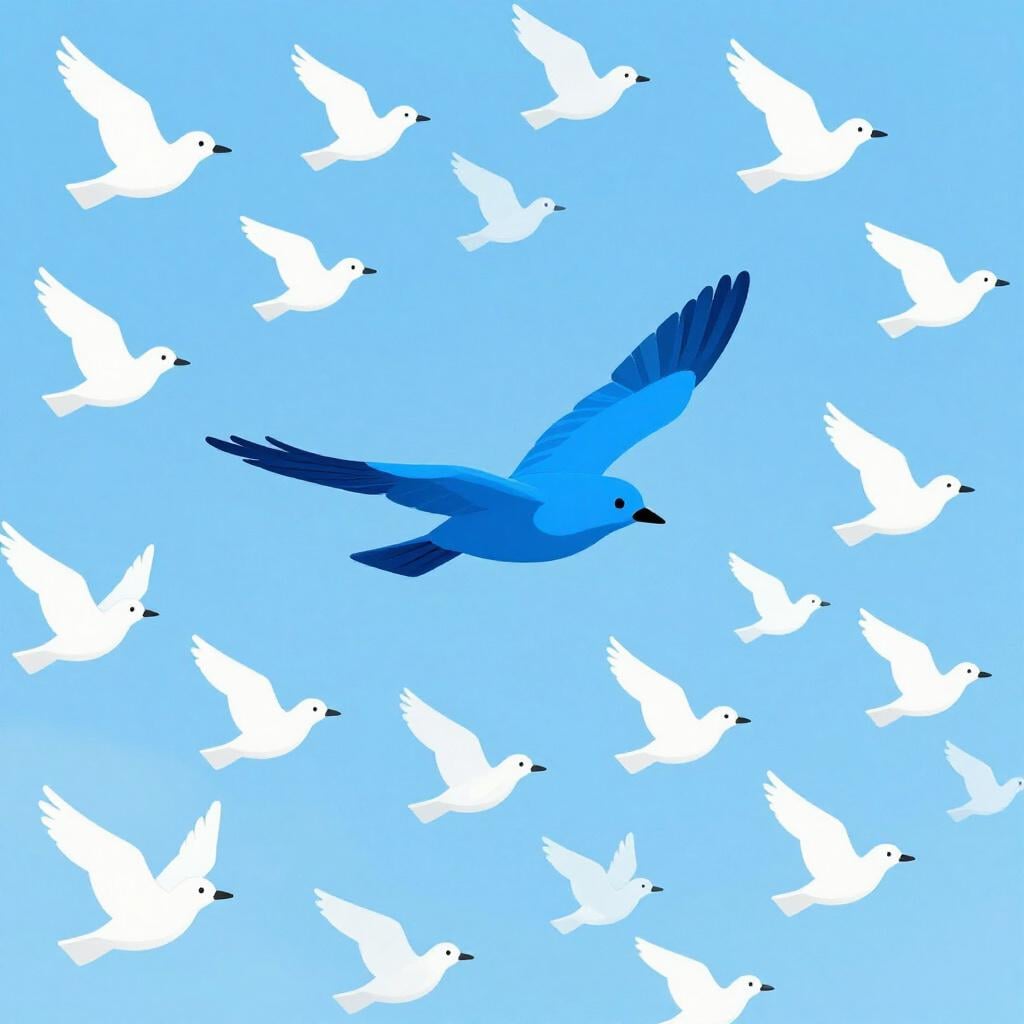 Een enkele helderblauwe vogel die voor een grote groep witte vogels vliegt.