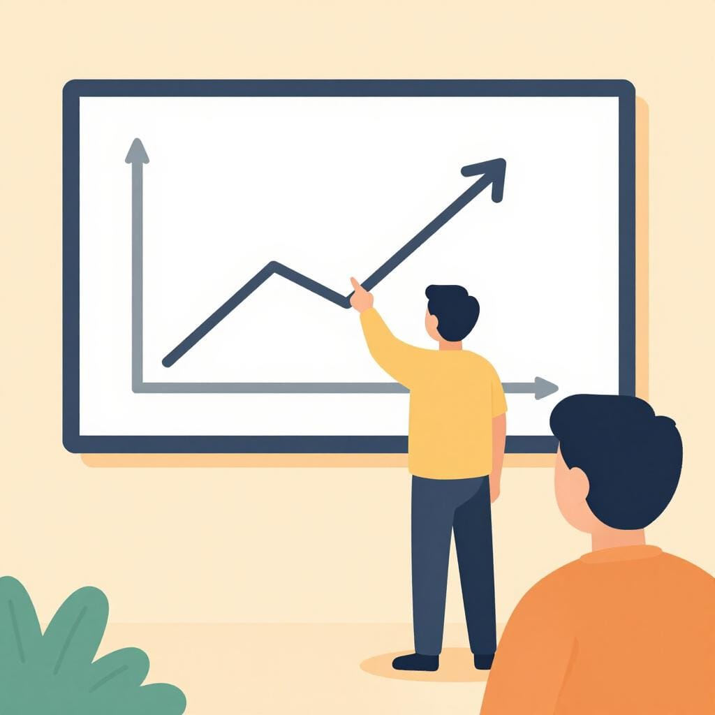 Two people standing in front of a large presentation board, one person pointing to a clear chart illustrating a point.