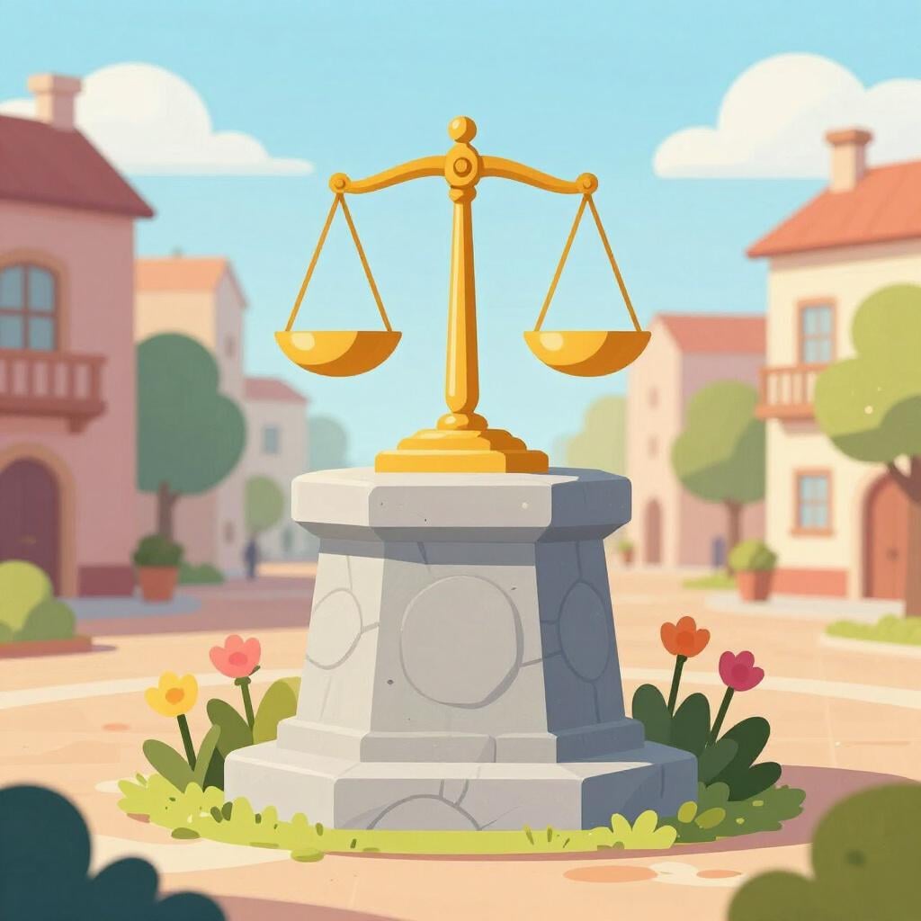 A heavy stone monument with a carved symbol of a scale placed in a public square.