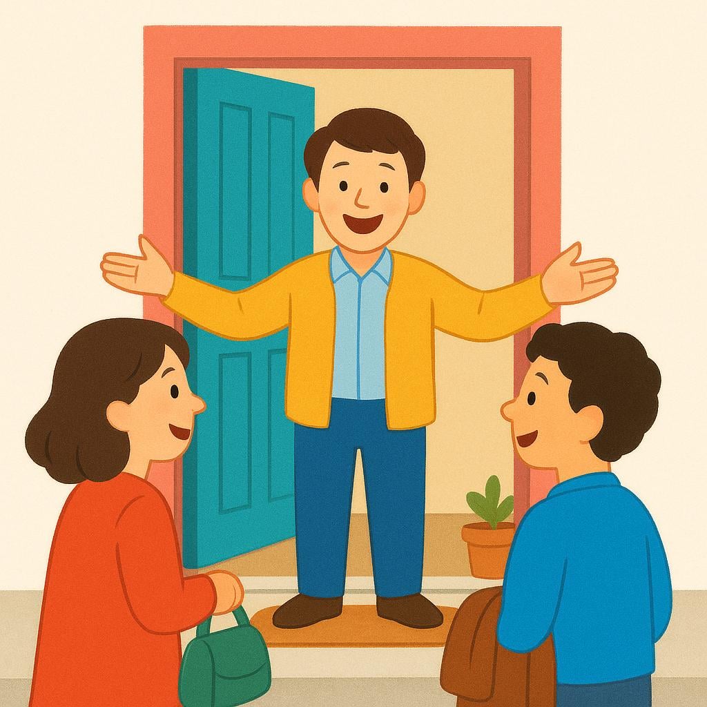 A friendly person with wide-open arms stands at the entrance of a house, enthusiastically greeting two smiling visitors who are just arriving.