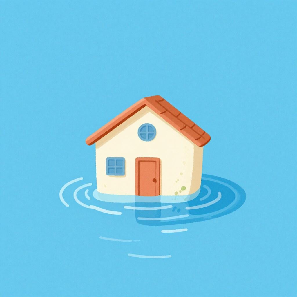 A small house on a hill surrounded by a deep blue lake of water.