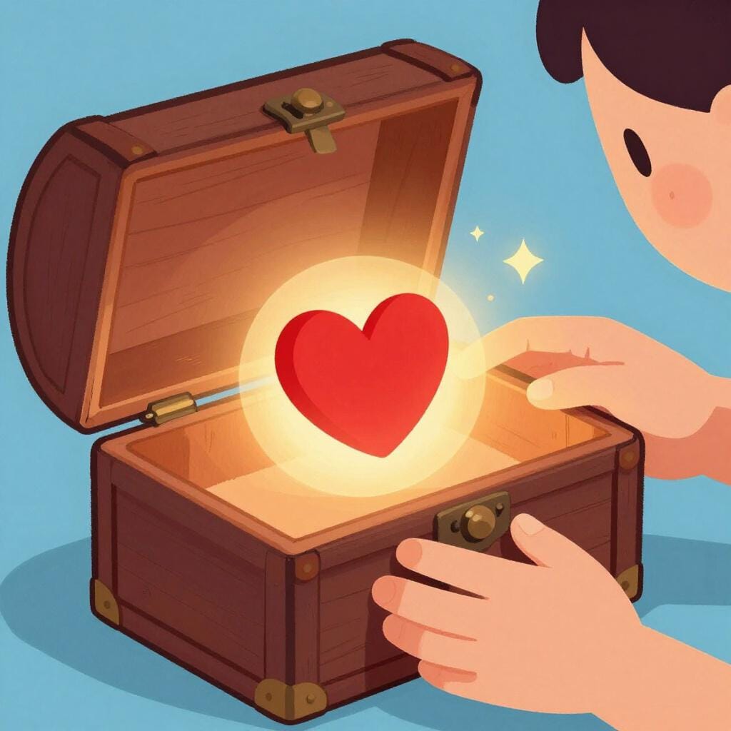 A treasure chest being opened to reveal a glowing heart inside.