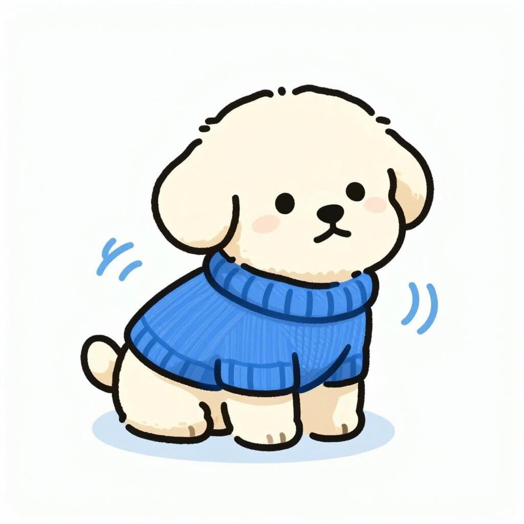 A small dog wearing a blue sweater, looking cold with wavy lines around it to show it is shivering.