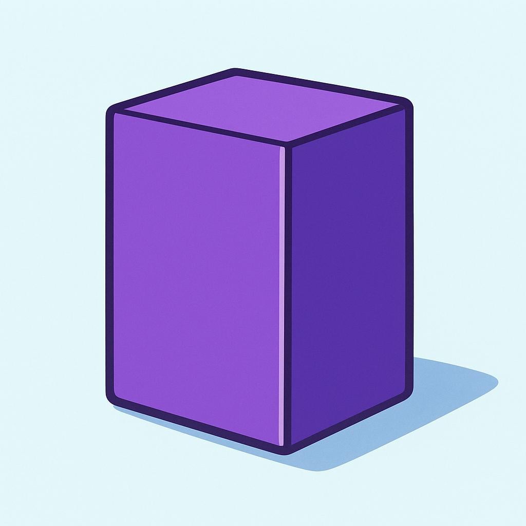 Een massief, eenvoudig, paars geometrisch blok dat op een plat oppervlak rust, waarbij één scherpe verticale rand duidelijk wordt benadrukt.