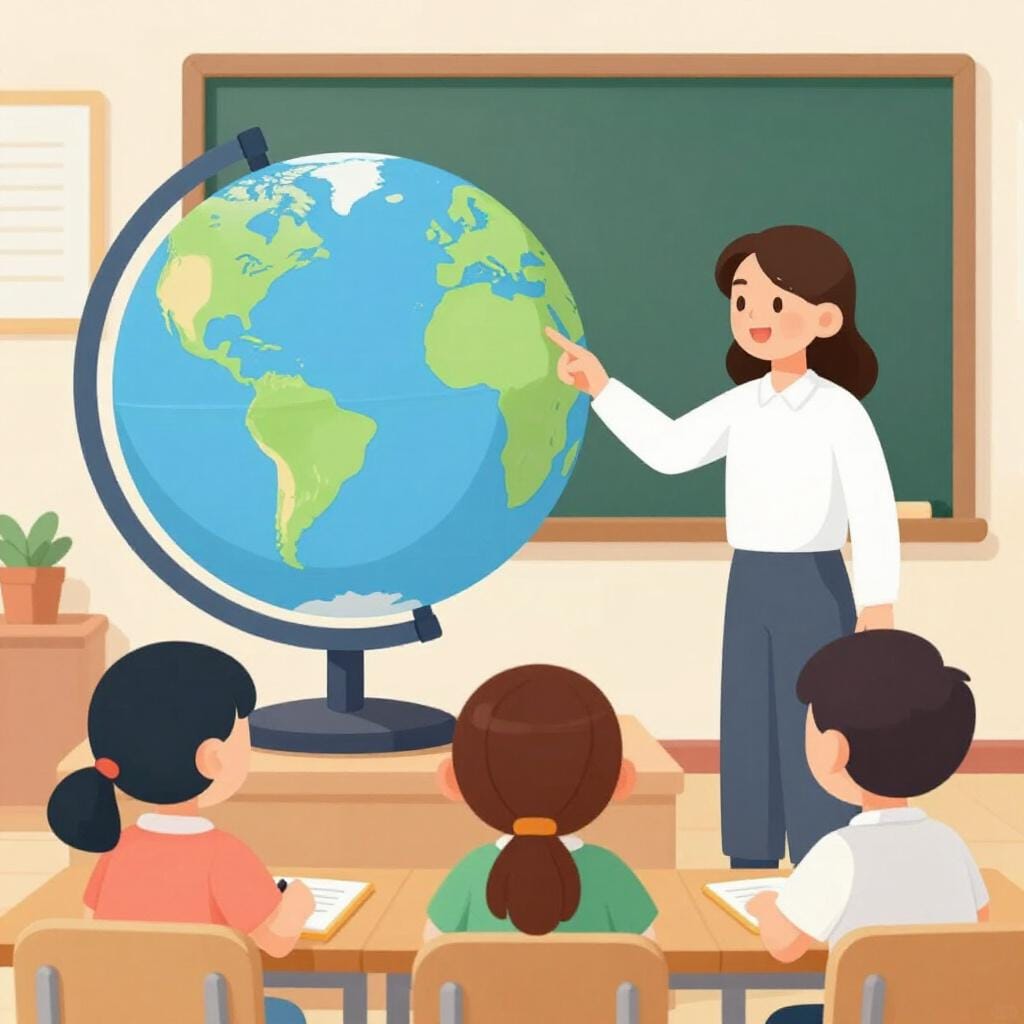 Un insegnante in piedi davanti a un gruppo di bambini, che indica un grande globo terrestre.