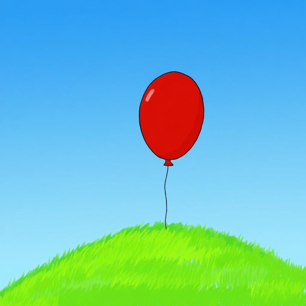 A bright red balloon suddenly floating up from behind a small green grassy hill against a clear blue sky.