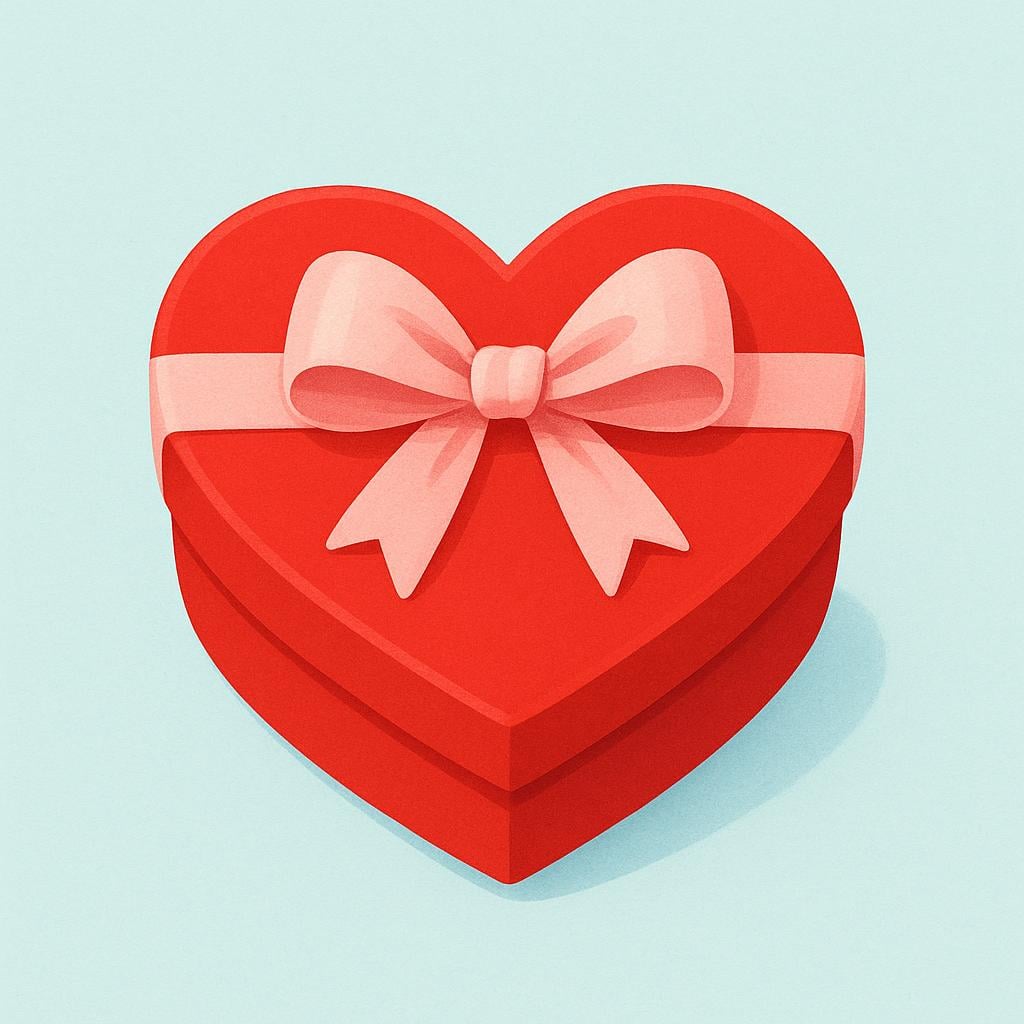 A bright red heart-shaped gift box tied with a pink ribbon, sitting on a simple background.