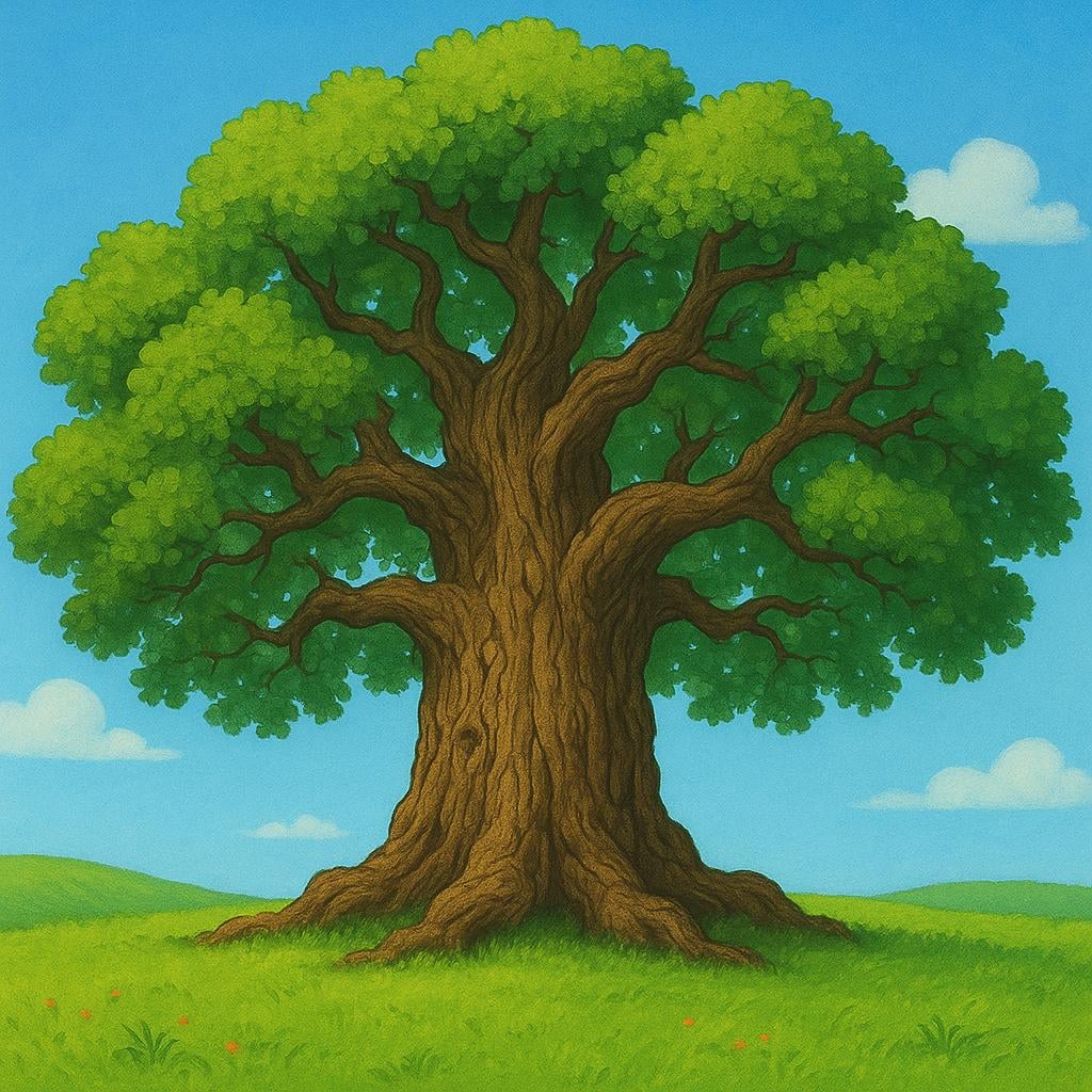 A massive, ancient oak tree with thick, gnarled branches and deep wrinkles in the bark, standing alone in a green field.