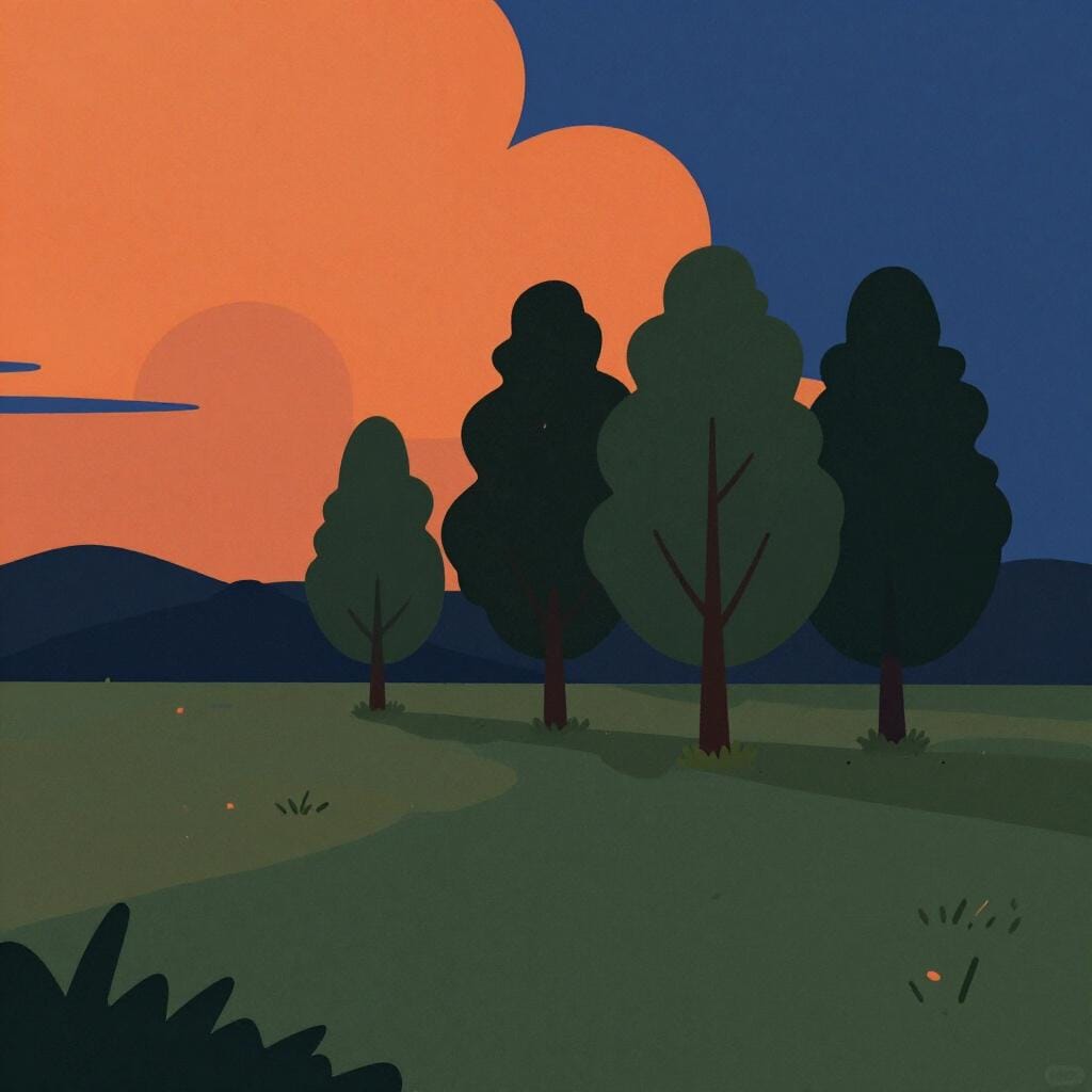A peaceful countryside scene at dusk with a soft orange glow on the horizon and silhouettes of trees.