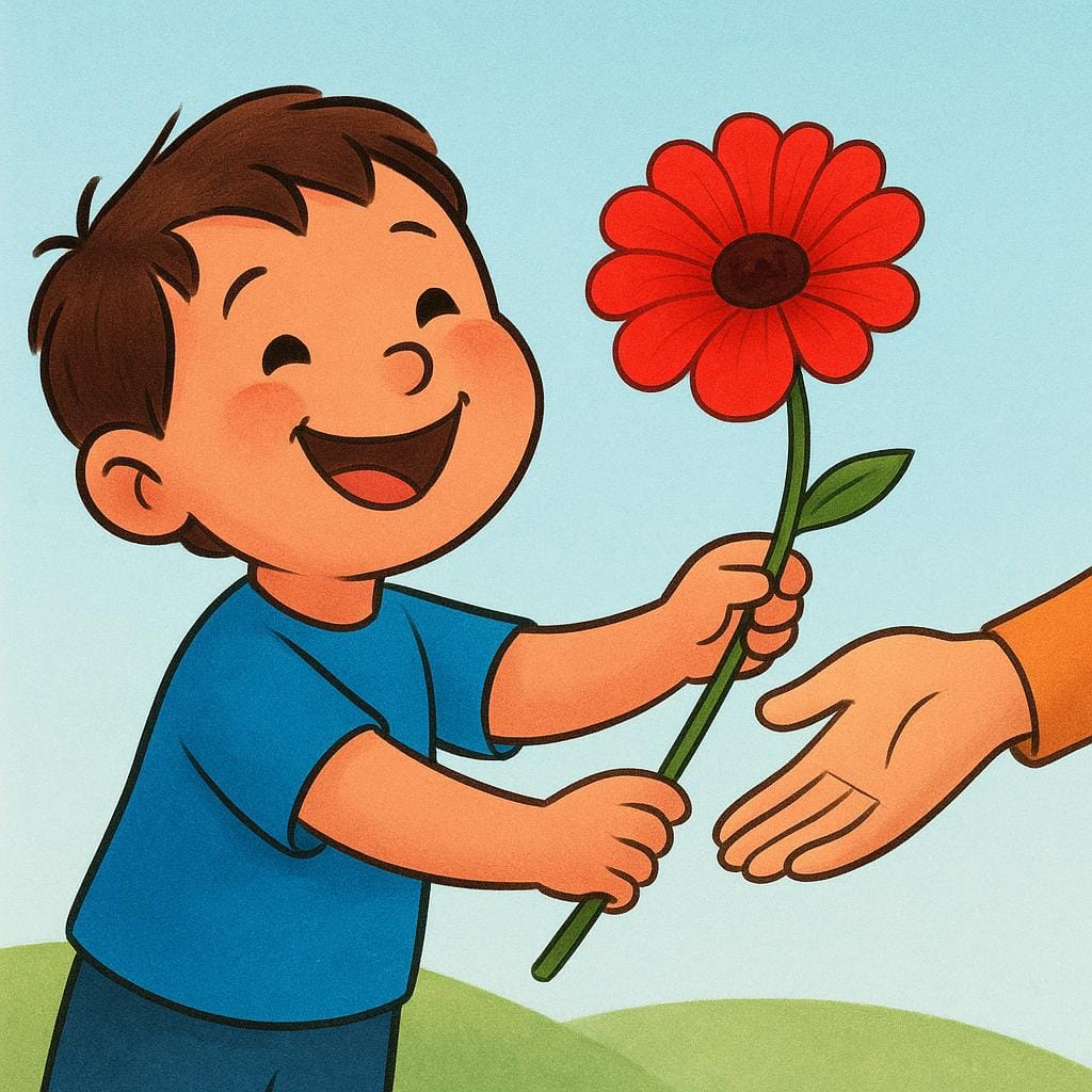 Uma ilustração colorida de uma criança expressando alegria ao oferecer uma flor vermelha brilhante a um adulto. A criança está sorrindo abertamente.