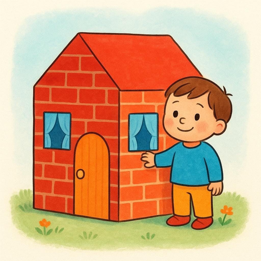 A small child stands next to a large, brightly painted cardboard box designed to look exactly like a brick house, complete with windows and a door.