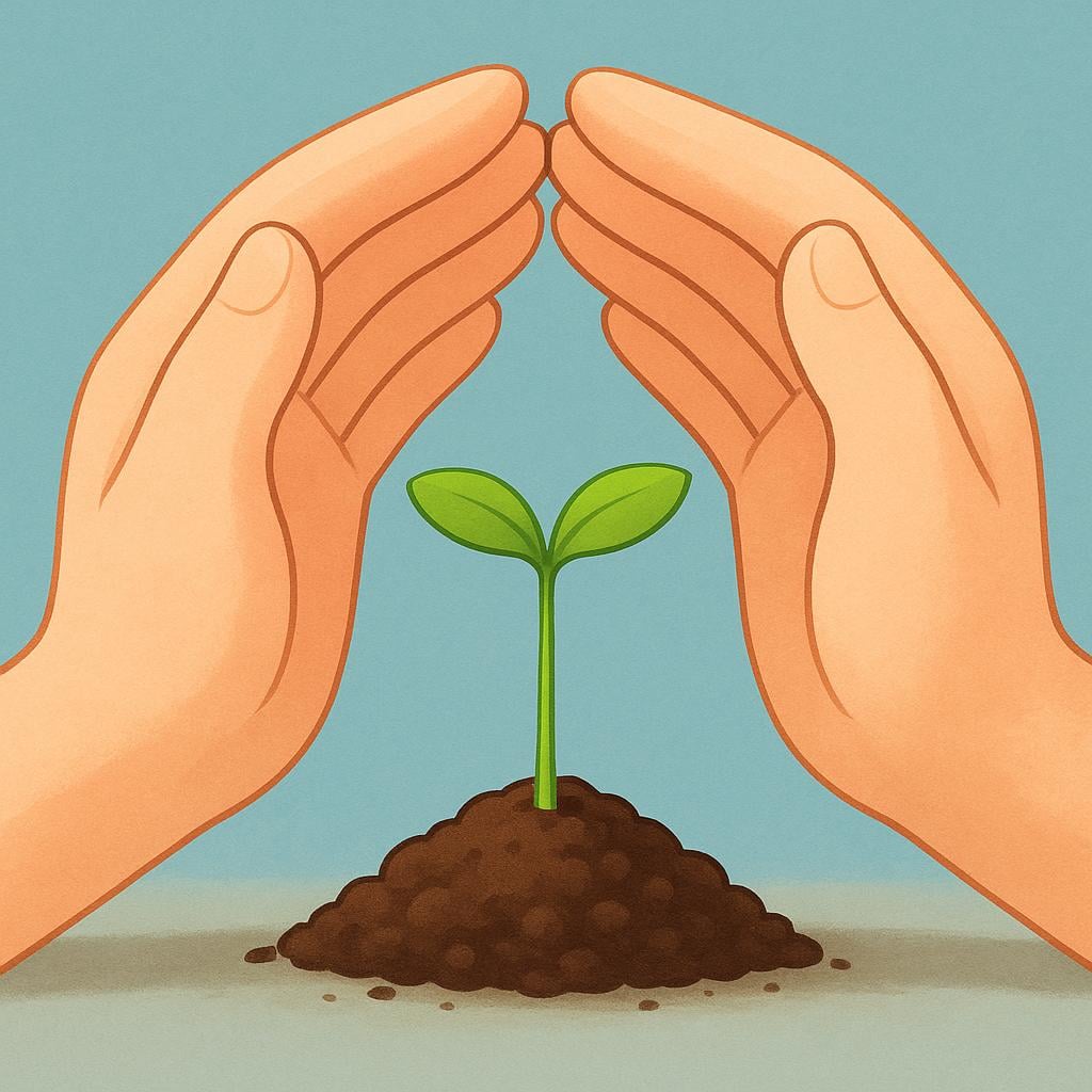 A pair of large, gentle hands carefully cupping and protecting a single, tiny, thin green sprout emerging from the soil, symbolizing vulnerability.